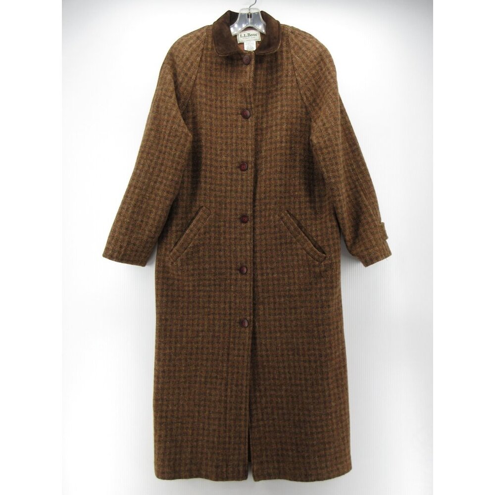 VINTAGE LL Bean Jacket Medium Tweed Trench Coat Suede Collar 90s USA